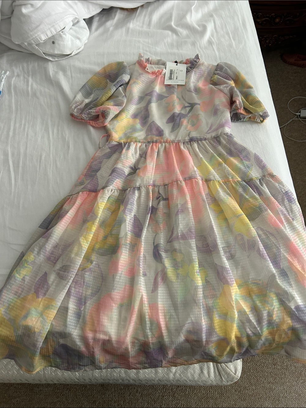 Girls' Pastel Floral Tiered Puff-Sleeve Dress